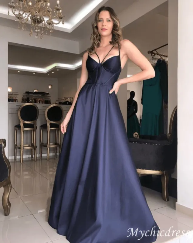 Simple Navy Blue Prom Dresses Satin A Line Evening Dresses Sleeveless sold by My Chic Dress