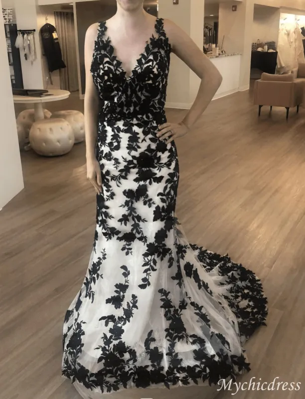Mermaid Black White Wedding Dresses 2025 Lace Long Prom Dresses sold by My Chic Dress
