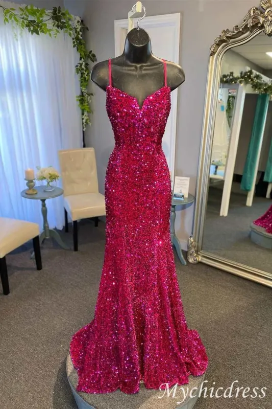 Sexy Fuchsia Long Formal Prom Dresses Iridescent Sequin Mermaid Sleeveless sold by My Chic Dress