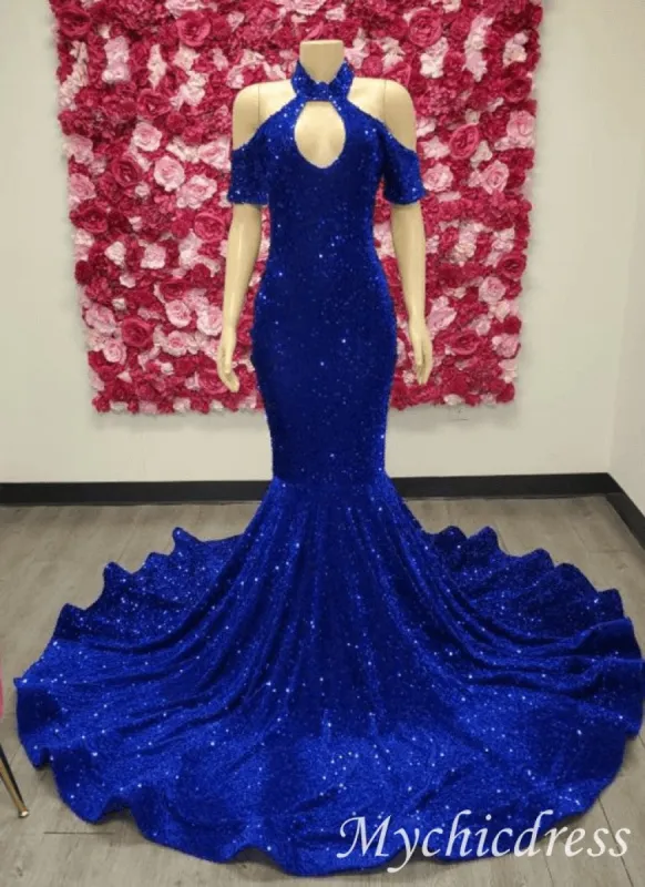 2025 Halter Royal Blue Long Prom Dresses Sequin Mermaid Evening Gown sold by My Chic Dress