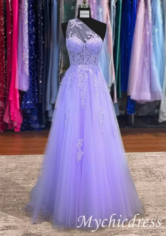 A-line 2025 Lavender Long Prom Dresses One Shoulder Lace Formal Gown sold by My Chic Dress