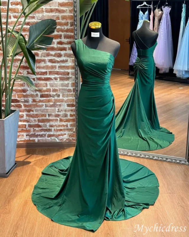 Simple Green Satin Wedding Guest Dresses One Shoulder Mermaid Formal Dress sold by My Chic Dress