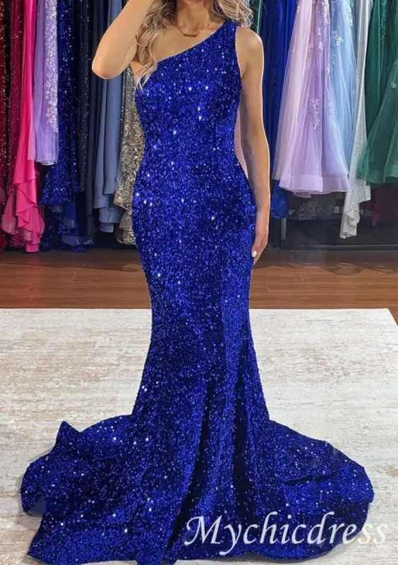 Long Prom Dresses Royal Blue One Shoulder Sequin Evening Gown UK sold by My Chic Dress