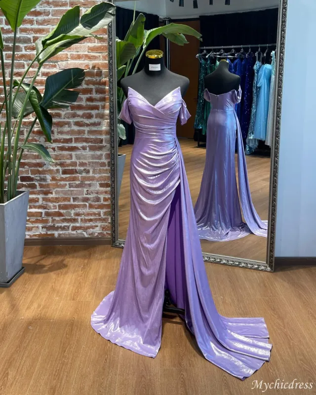 Off the Shoulder Lilac Prom Dresses A-Line with Split sold by My Chic Dress