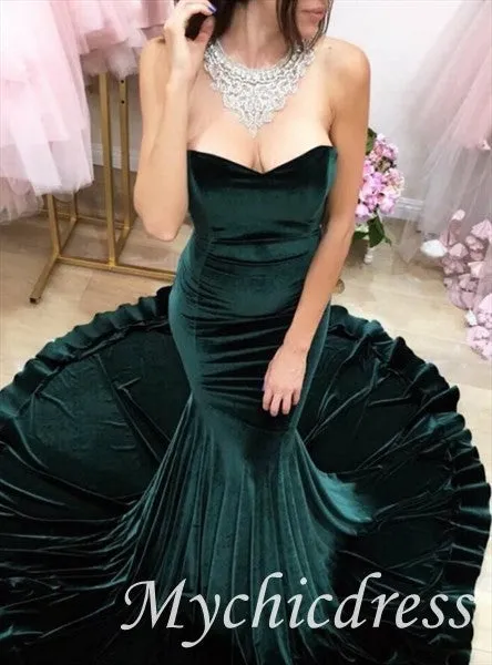 Hot Emerald Green Velvet Prom Dresses Straples Mermaid Evening Dress UK sold by My Chic Dress