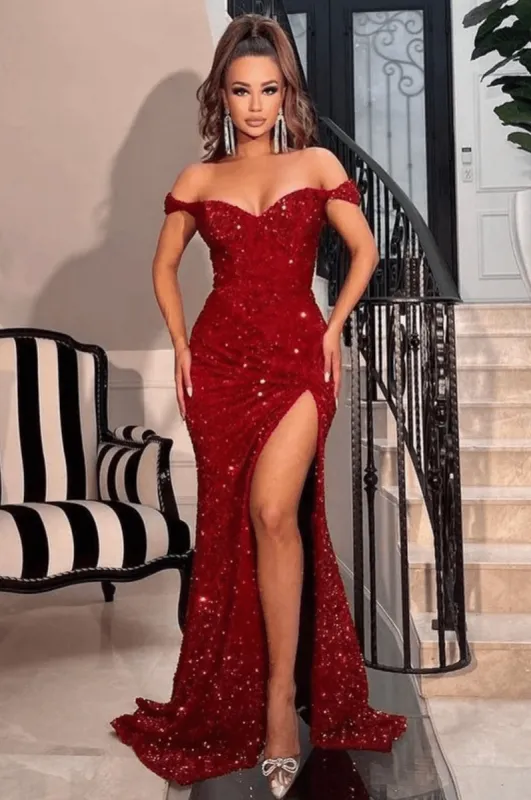 Off the Shoulder Sequin Burgundy Mermaid Prom Dresses Shiny sold by My Chic Dress