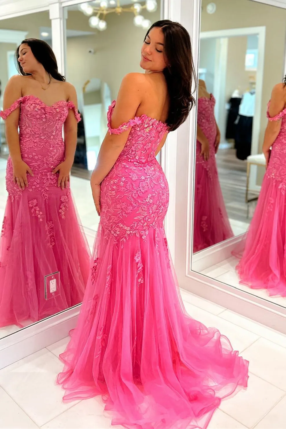 2025 Pink Floral Lace Formal Dresses Mermaid Off-Shoulder sold by My Chic Dress product image thumbnail 2