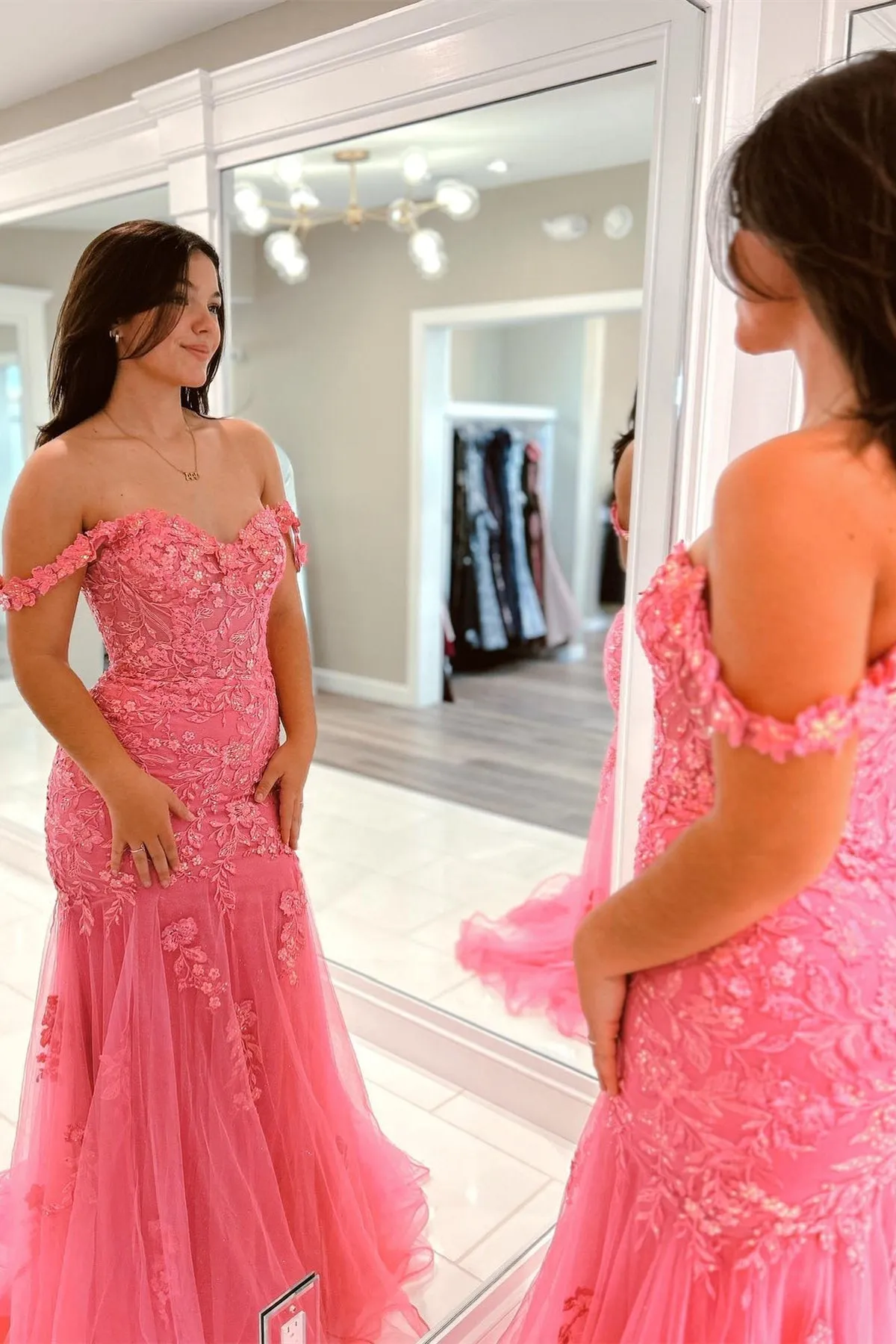2025 Pink Floral Lace Formal Dresses Mermaid Off-Shoulder sold by My Chic Dress product image thumbnail 4