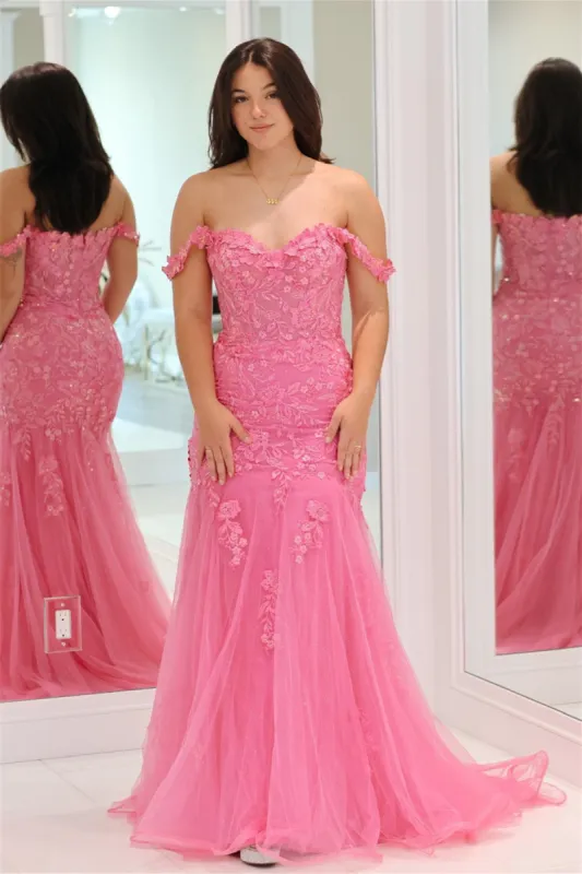 2025 Pink Floral Lace Formal Dresses Mermaid Off-Shoulder sold by My Chic Dress