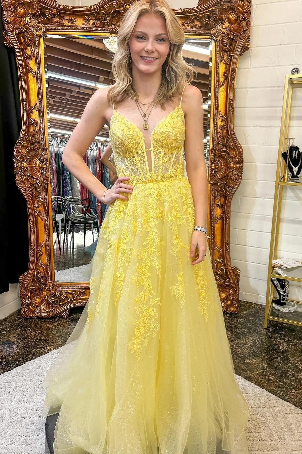 Long Yellow Floral Prom Dresses A-line Spaghetti Straps sold by My Chic Dress
