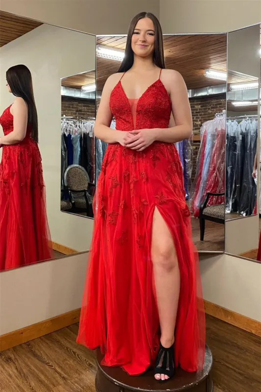 2025 Long Red Floral Prom Dresses Cheap Plunging V Neck Appliques sold by My Chic Dress