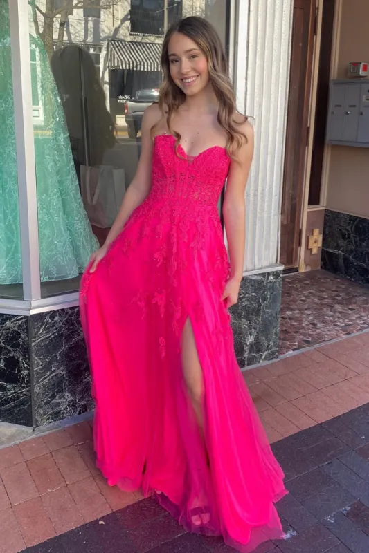 Floral Hot Pink Prom Dresses A-line Long Strapless Appliques sold by My Chic Dress