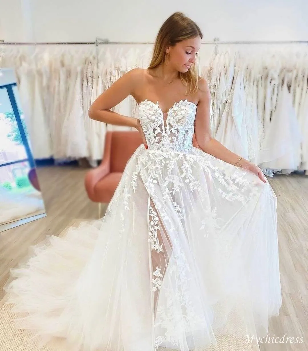 A Line Sweetheart Lace Summer Wedding Dresses Boho Tulle with slit sold by My Chic Dress
