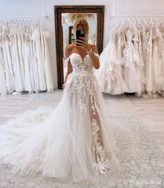 A line Beach Lace Casual Wedding Dresses Off the Shoulder Tulle with Slit sold by My Chic Dress