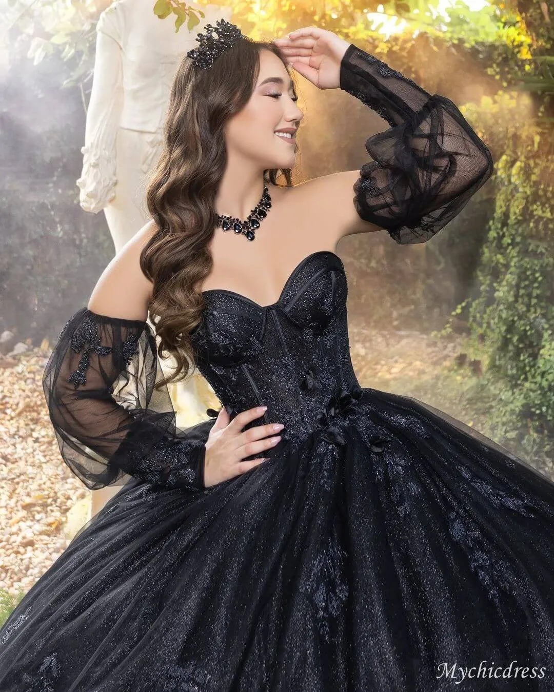 2025 Black Lace Sequin Sweet 15 Quinceanera Dresses With detachable sleeves sold by My Chic Dress product image thumbnail 2