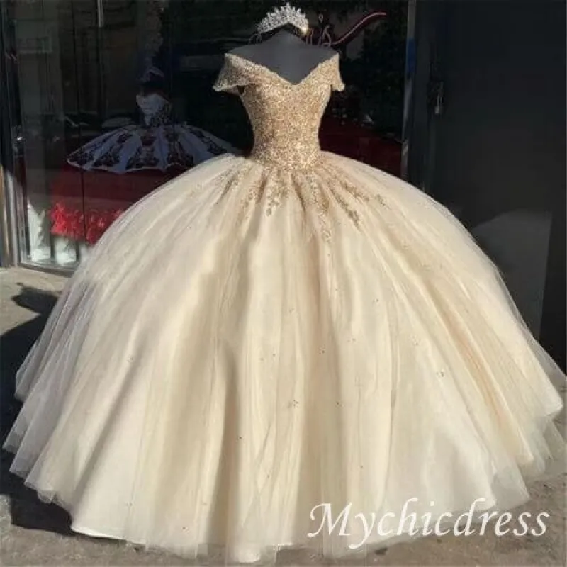 Ball Gown Off the Shoulder Gold Lace Quinceanera Dresses 2025 sold by My Chic Dress