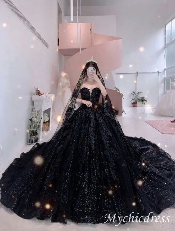 Gothic Black Sequin Wedding Dresses 2025 Sweetheart Ball Gowns sold by My Chic Dress