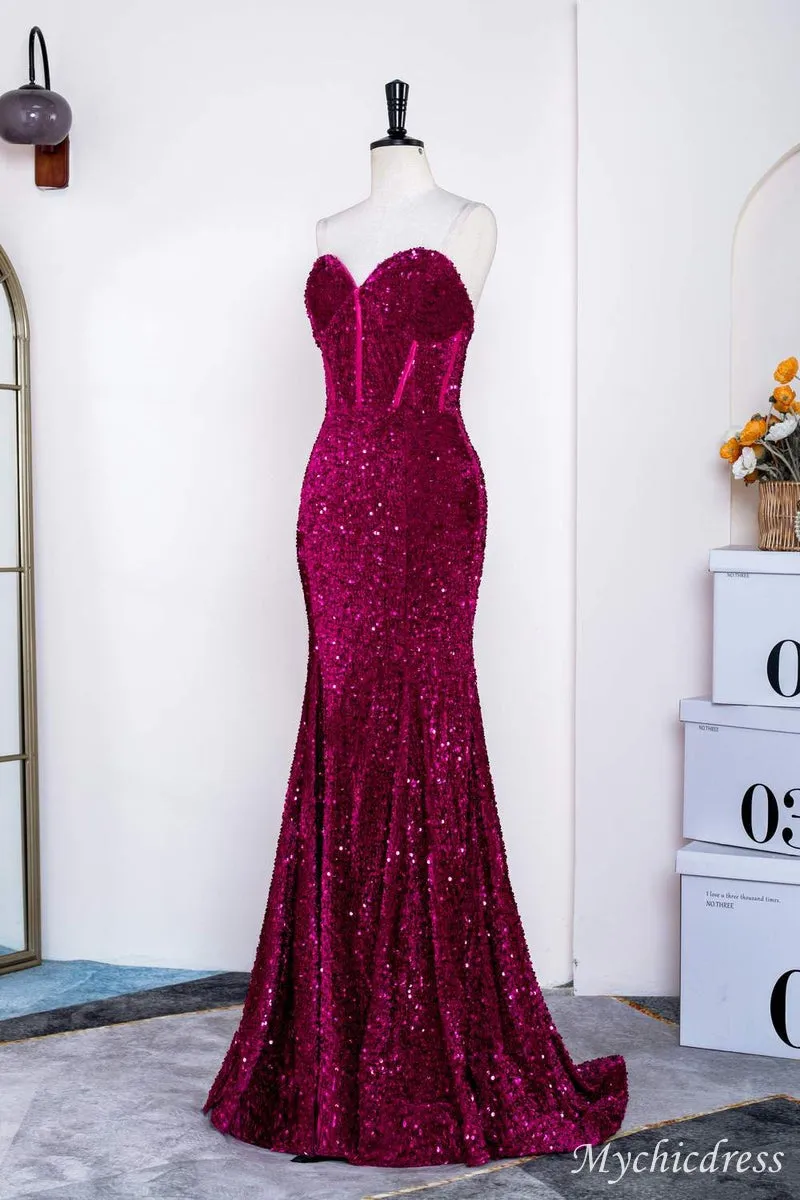 Hot Fuchsia Sequin Mermaid Prom Evening Dresses Magenta Sweetheart sold by My Chic Dress product image thumbnail 4