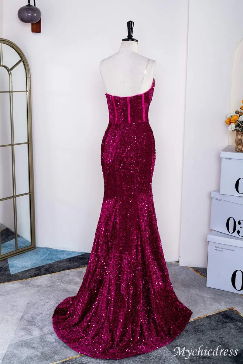 Hot Fuchsia Sequin Mermaid Prom Evening Dresses Magenta Sweetheart sold by My Chic Dress product image thumbnail 5