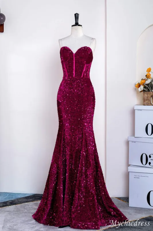 Hot Fuchsia Sequin Mermaid Prom Evening Dresses Magenta Sweetheart sold by My Chic Dress