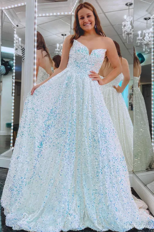 White Iridescent Sequin Prom Dresses Strapless Mermaid UK sold by My Chic Dress