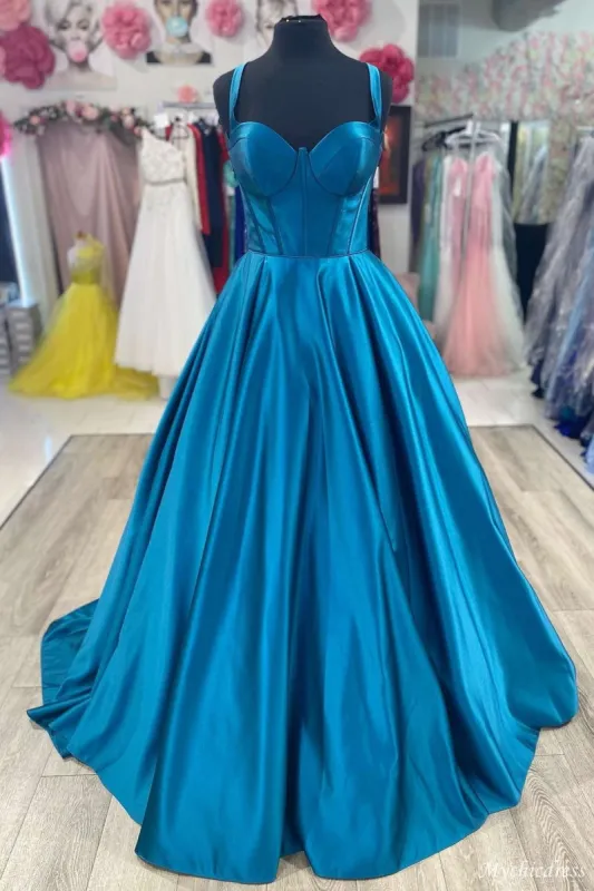 Hot Blue Satin Long Formal Gown Sweetheart Cheap Prom Dress A Line sold by My Chic Dress