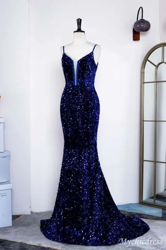 Elegant Mermaid Long Formal Dress Royal Blue Sequin Prom Dress sold by My Chic Dress