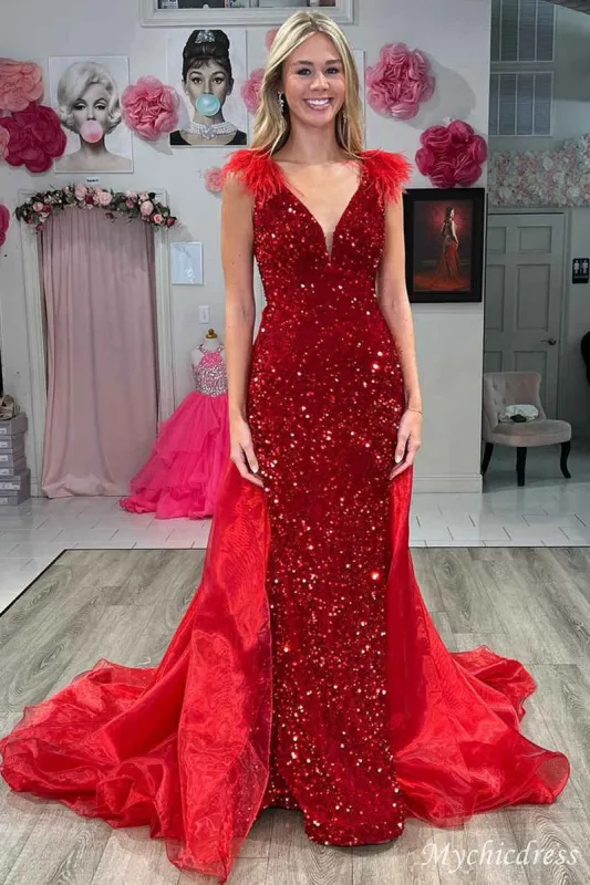 Long red sequin Mermaid Prom Dresses v-neck with Feathers sold by My Chic Dress