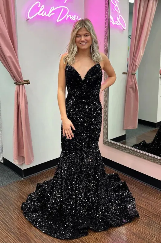 Black Velvet Sequins Prom Dresses 2025 Mermaid V Neck Formal Dress Long sold by My Chic Dress