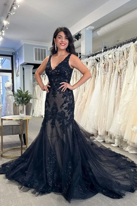 Black Lace 2025 Wedding Dress Appliques Mermaid V Neck Prom Dresses sold by My Chic Dress