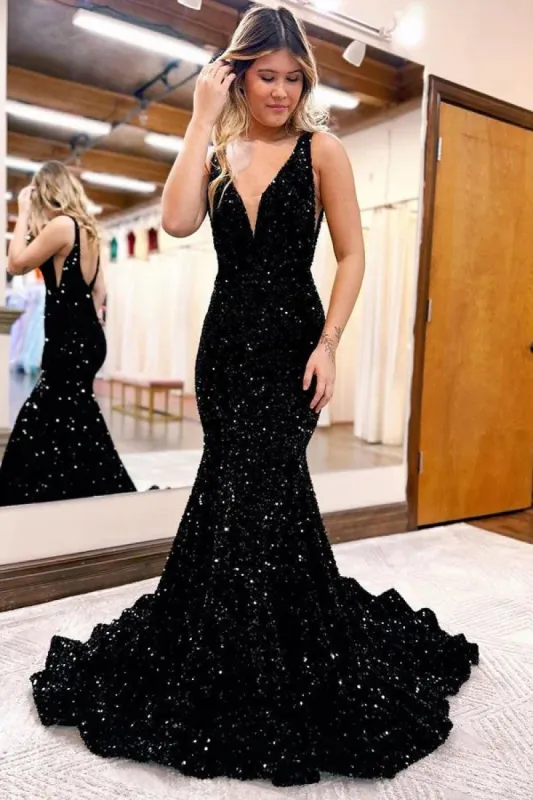 Black 2025 V Neck Prom Dresses Sequins Long UK Evening Dress Mermaid sold by My Chic Dress