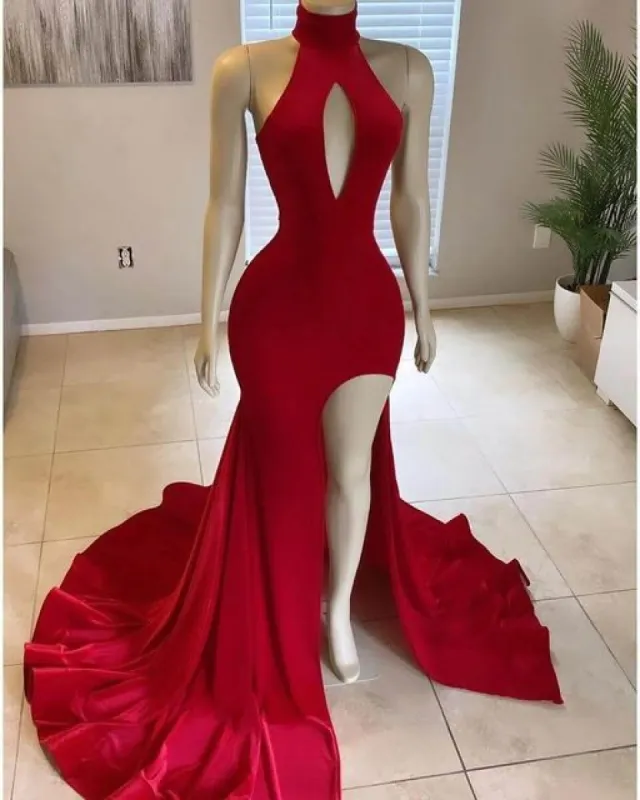 Hot Long Red Prom Dress High Neck Satin Mermaid Evening Dress UK Split sold by My Chic Dress