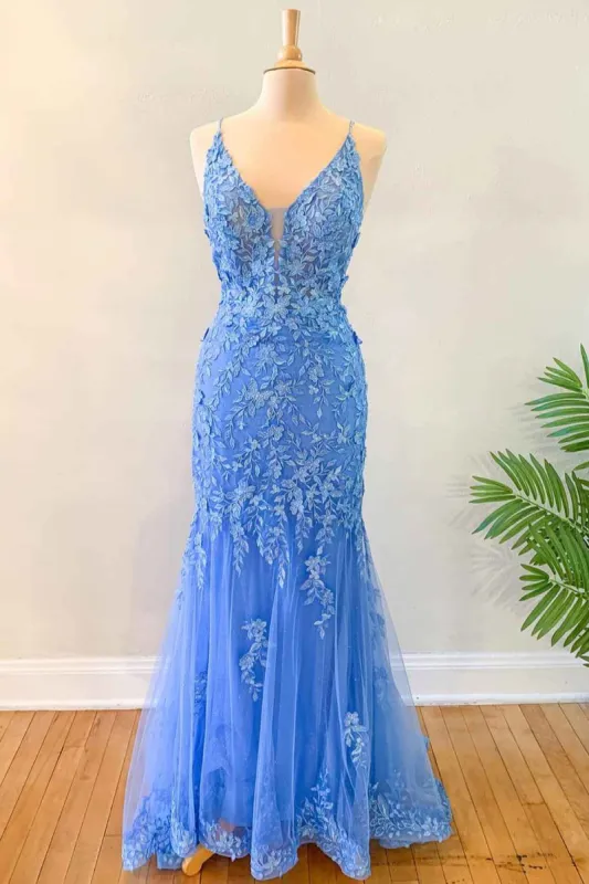 Mermaid Blue Floral Lace Prom Dress Long Evening Dress Appliques sold by My Chic Dress