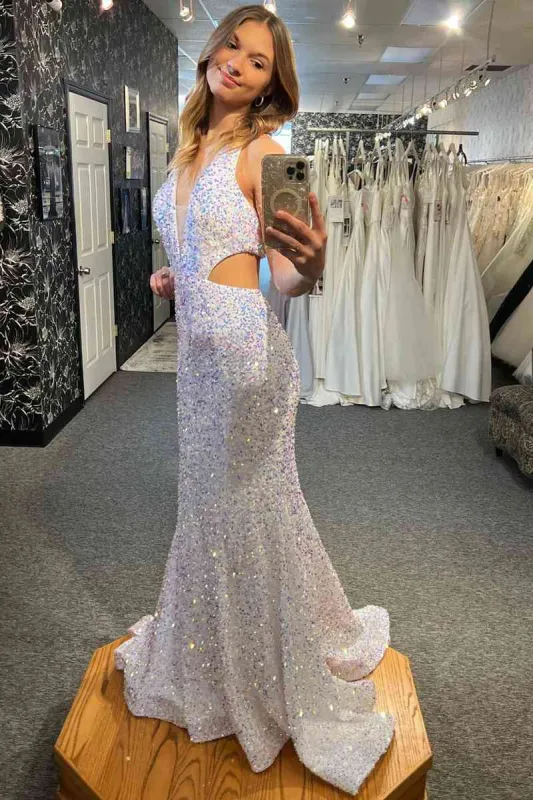 Sexy Mermaid Sequin White Long Prom Dresses Plunging Neck Cutout Waist sold by My Chic Dress