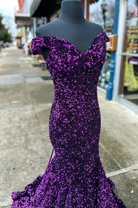 Cheap Off the Shoulder Sequins Prom Dress Purple Long Evening Dress sold by My Chic Dress