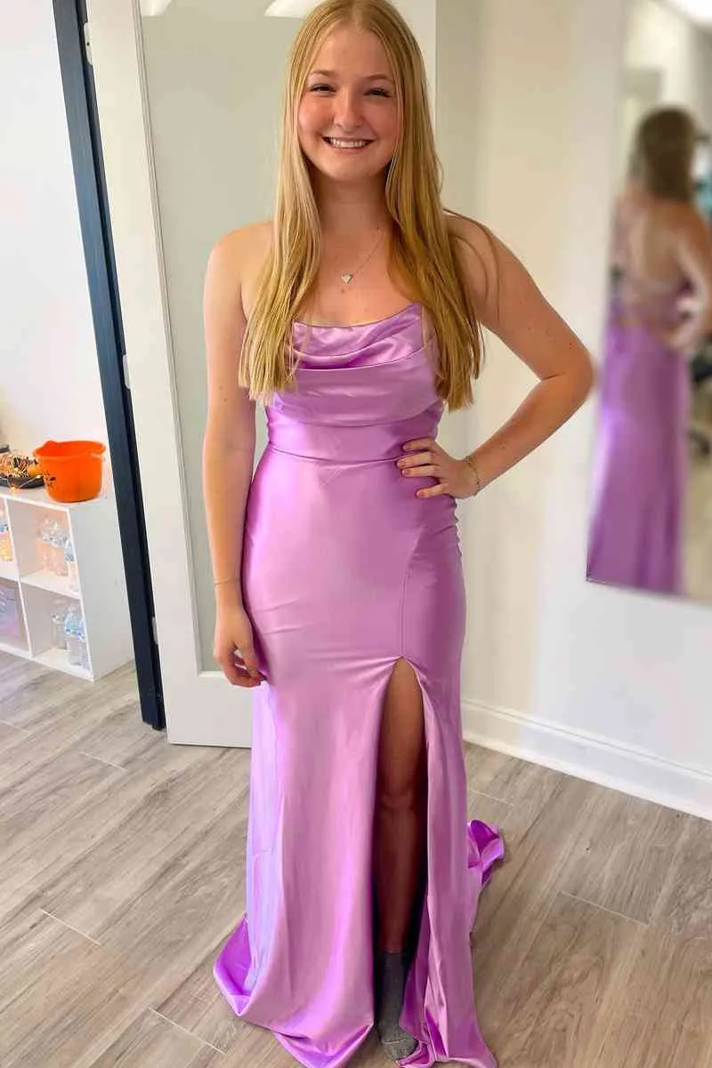 Lilac Long Evening Dress Sleeveless Cowl Neck Satin Prom Dress sold by My Chic Dress