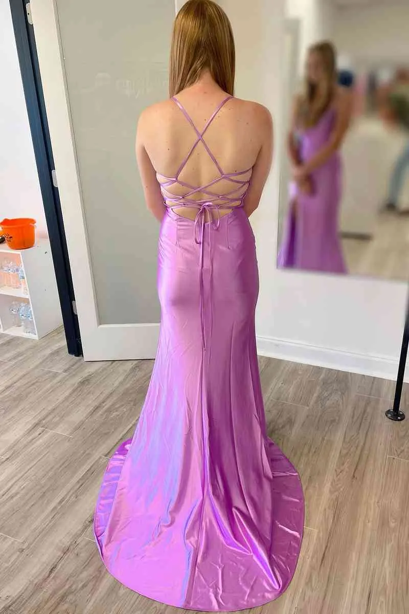 Lilac Long Evening Dress Sleeveless Cowl Neck Satin Prom Dress sold by My Chic Dress product image thumbnail 2