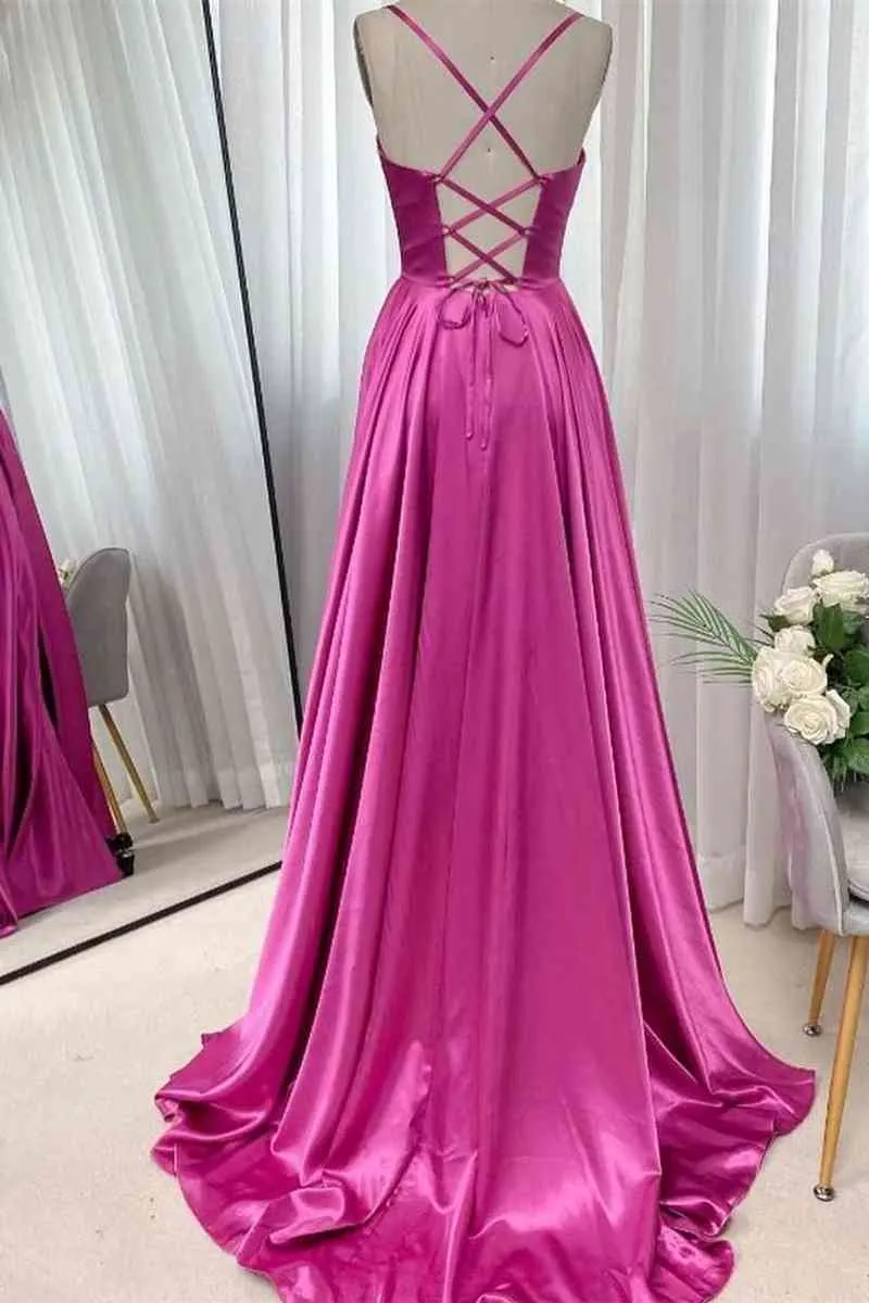A-Line Fuchsia Prom Dress 2025 Ruched Long Evening Dress Spaghetti Straps sold by My Chic Dress product image thumbnail 2