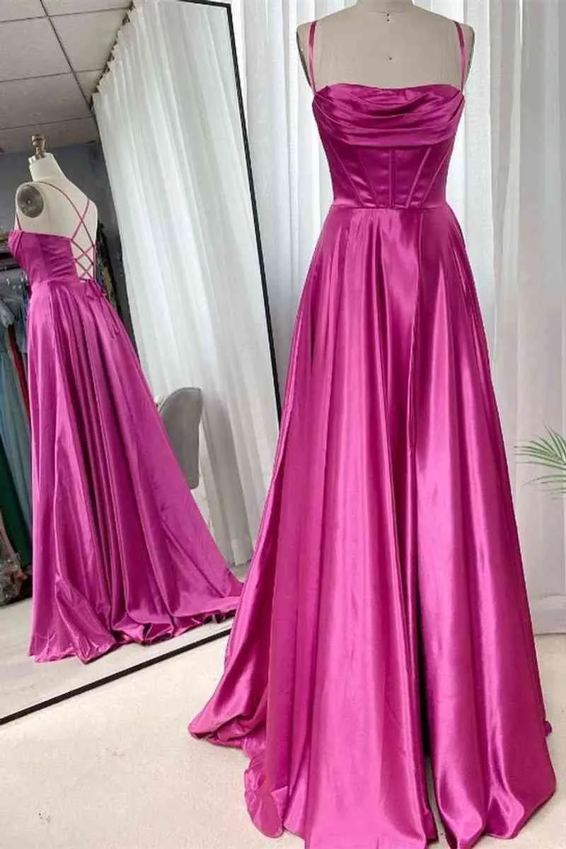 A-Line Fuchsia Prom Dress 2025 Ruched Long Evening Dress Spaghetti Straps sold by My Chic Dress