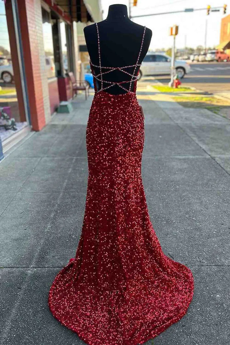 2025 Long Prom Dresses Red Sequins Beaded Mermaid Evening Dress Straps sold by My Chic Dress product image thumbnail 2
