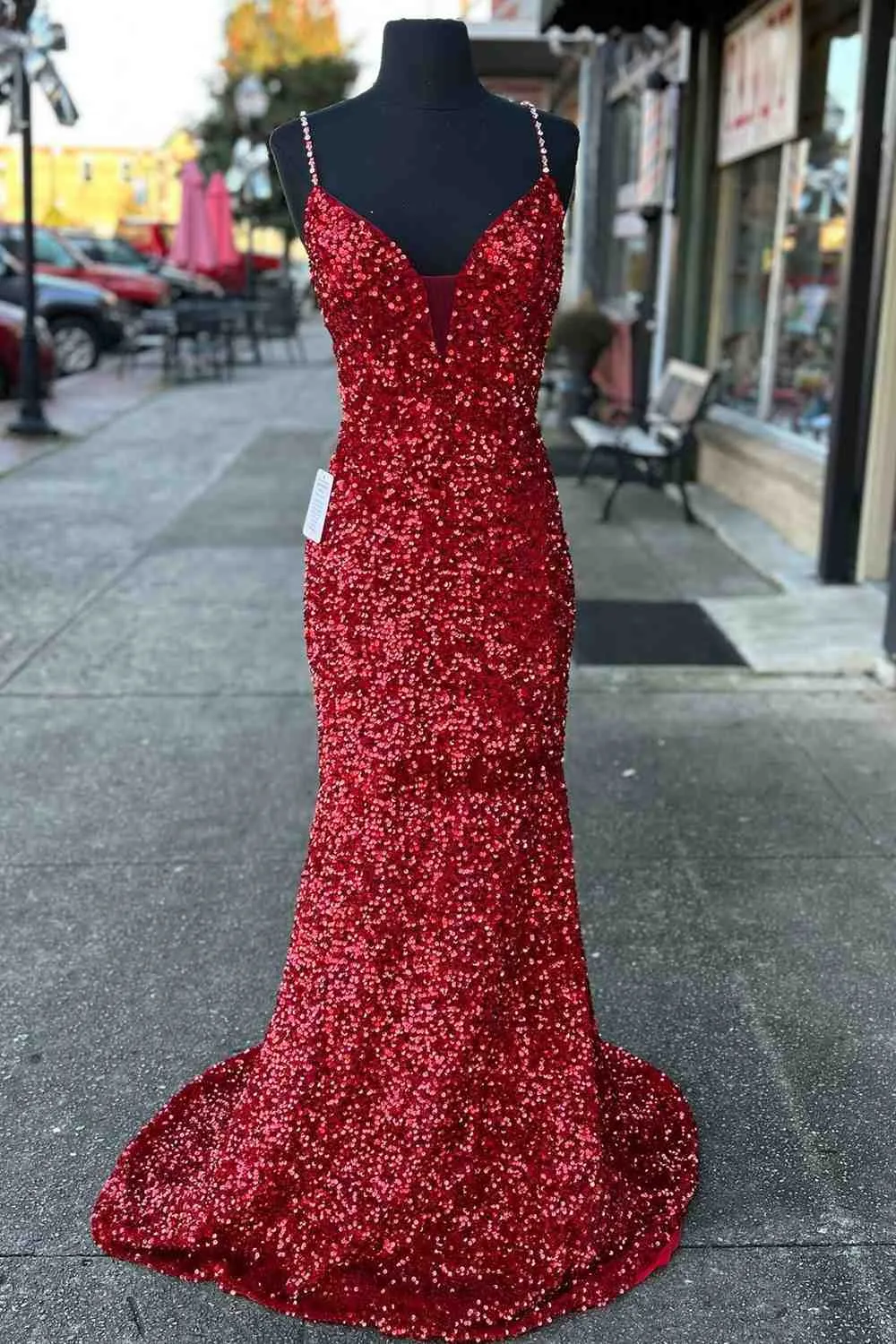 2025 Long Prom Dresses Red Sequins Beaded Mermaid Evening Dress Straps sold by My Chic Dress