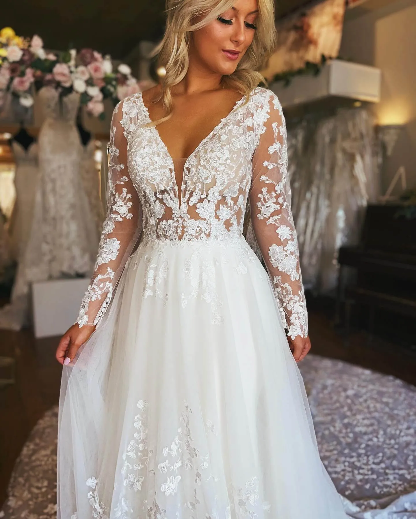 A Line Long Sleeves Lace Wedding Dresses with Button sold by My Chic Dress product image thumbnail 4