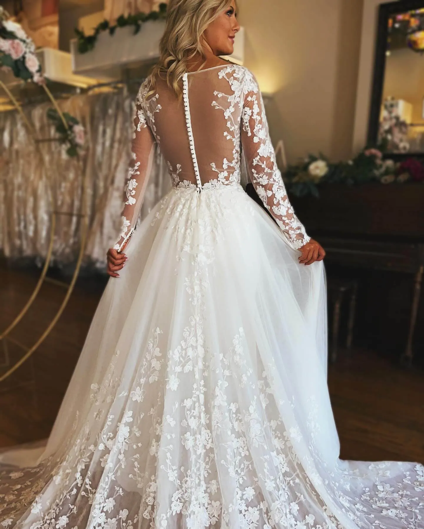 A Line Long Sleeves Lace Wedding Dresses with Button sold by My Chic Dress product image thumbnail 2