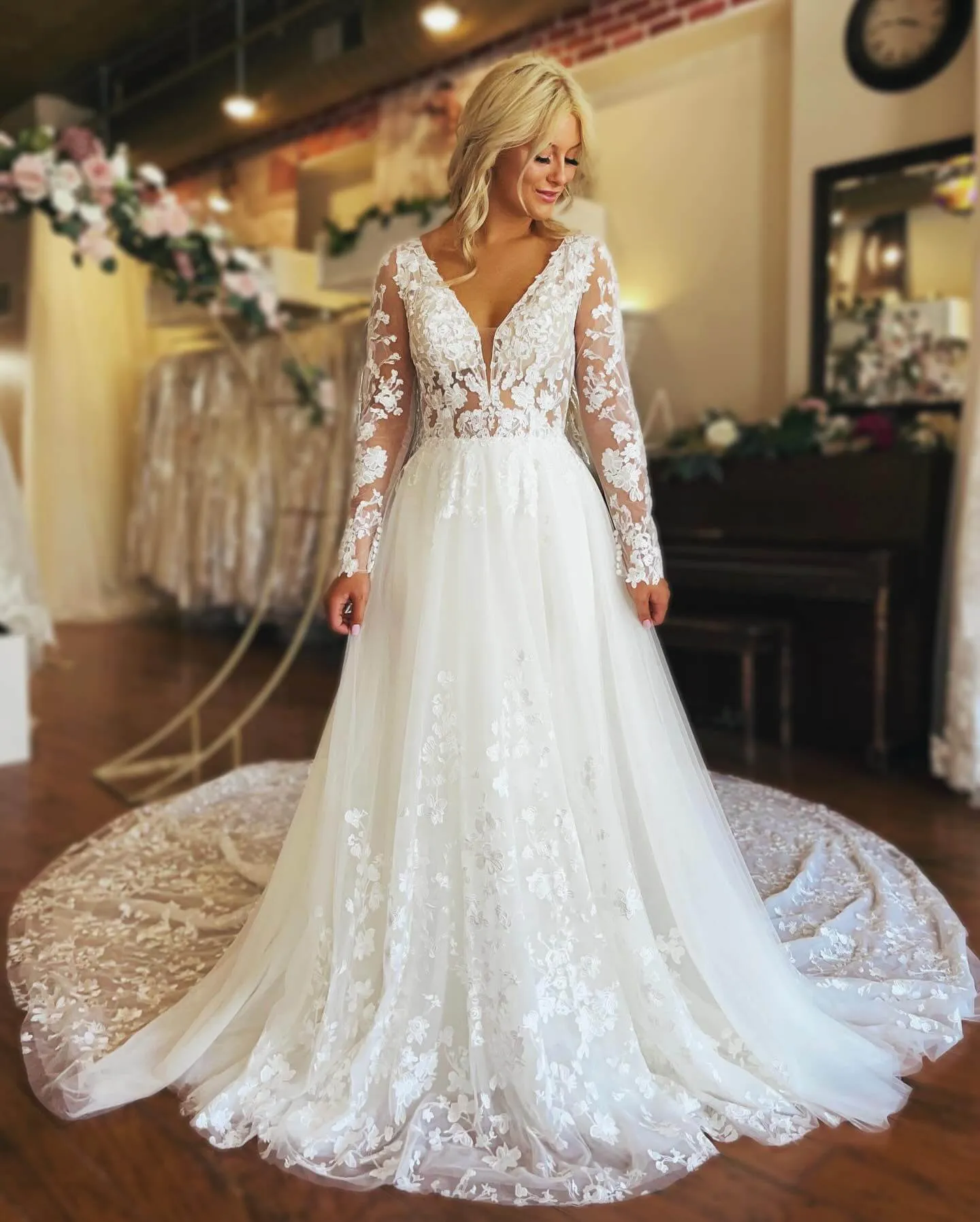 A Line Long Sleeves Lace Wedding Dresses with Button sold by My Chic Dress