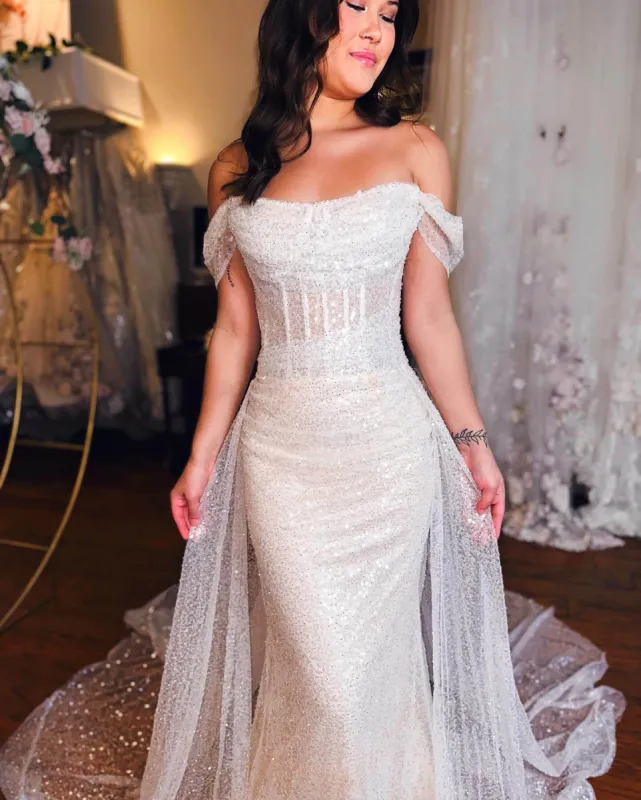 Sparkly Off Shoulder Sequins Wedding Dresses Mermaid With Train sold by My Chic Dress