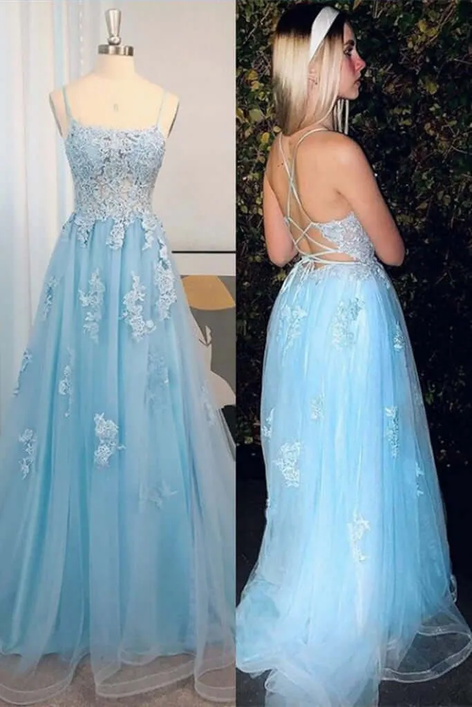 Cheap Lace Long Light Blue Prom Dresses A Line Open Back sold by My Chic Dress