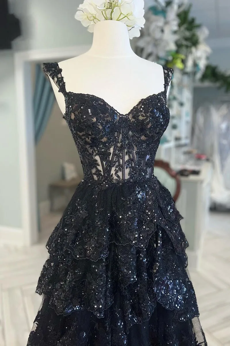 A Line Black Lace 2025 Prom Dresses Tiered Sequins Off the shoulder sold by My Chic Dress product image thumbnail 4