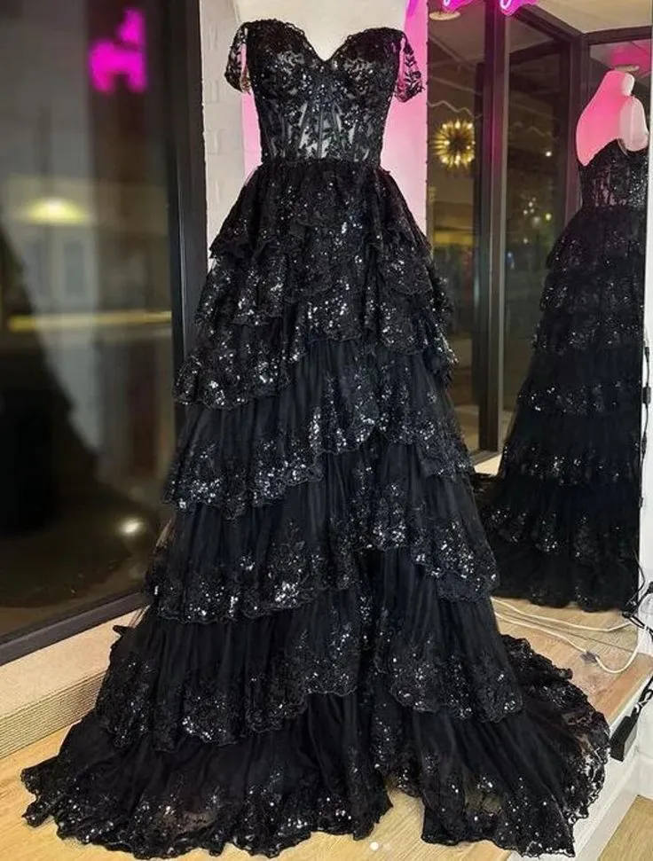 A Line Black Lace 2025 Prom Dresses Tiered Sequins Off the shoulder sold by My Chic Dress product image thumbnail 2