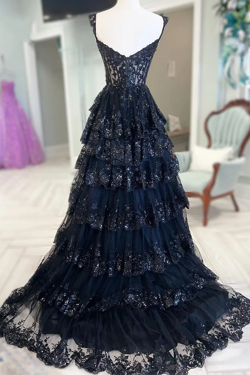A Line Black Lace 2025 Prom Dresses Tiered Sequins Off the shoulder sold by My Chic Dress product image thumbnail 5
