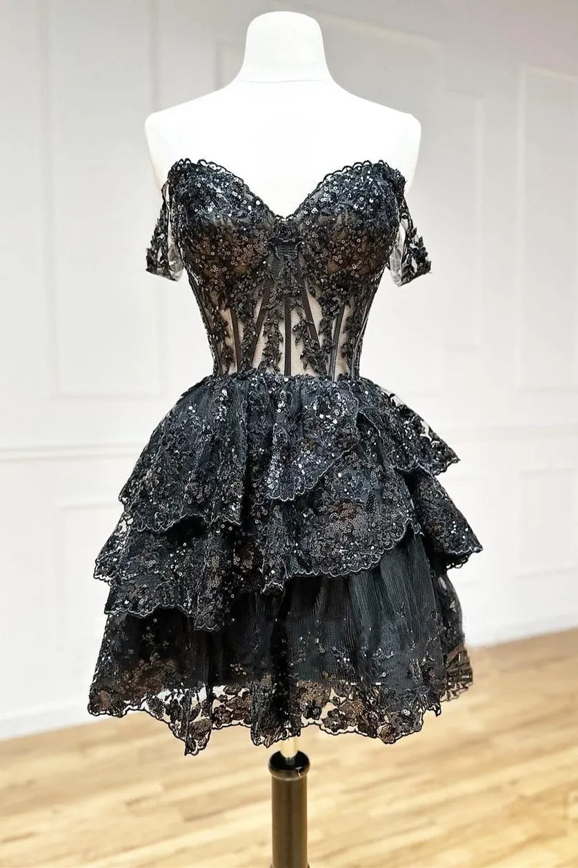 A-Line Short Black Prom Dress Sheer Corset Bodice Homecoming dress sold by My Chic Dress product image thumbnail 3